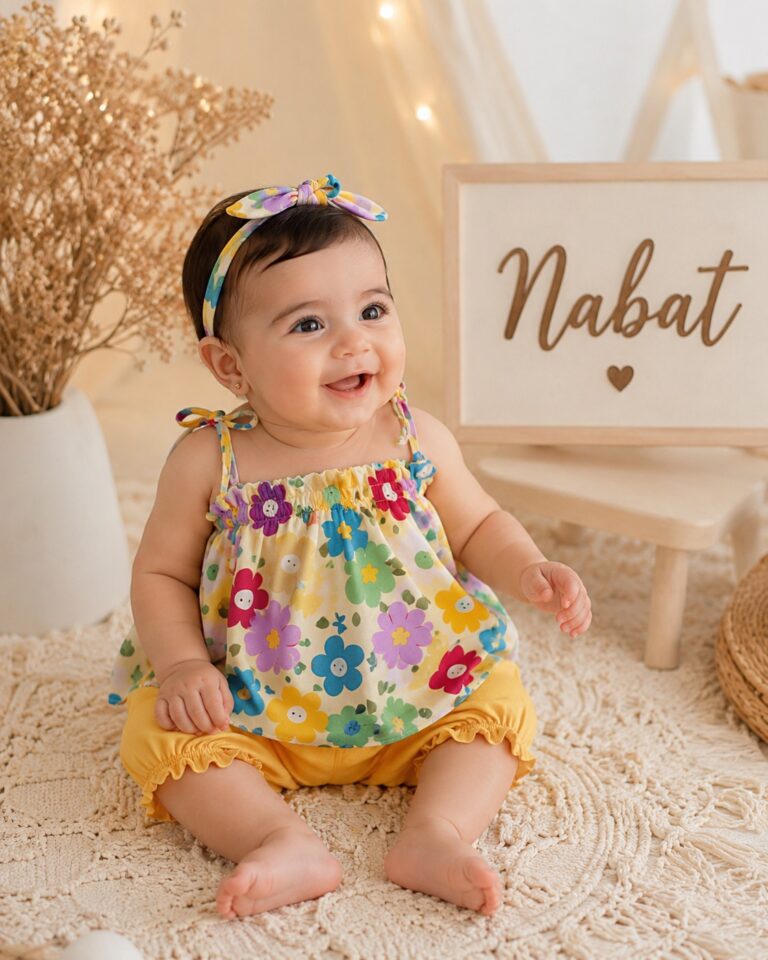 تاپ شلوارک دخترانه گلبهار نخی مناسب نوزاد تا ۹ سال